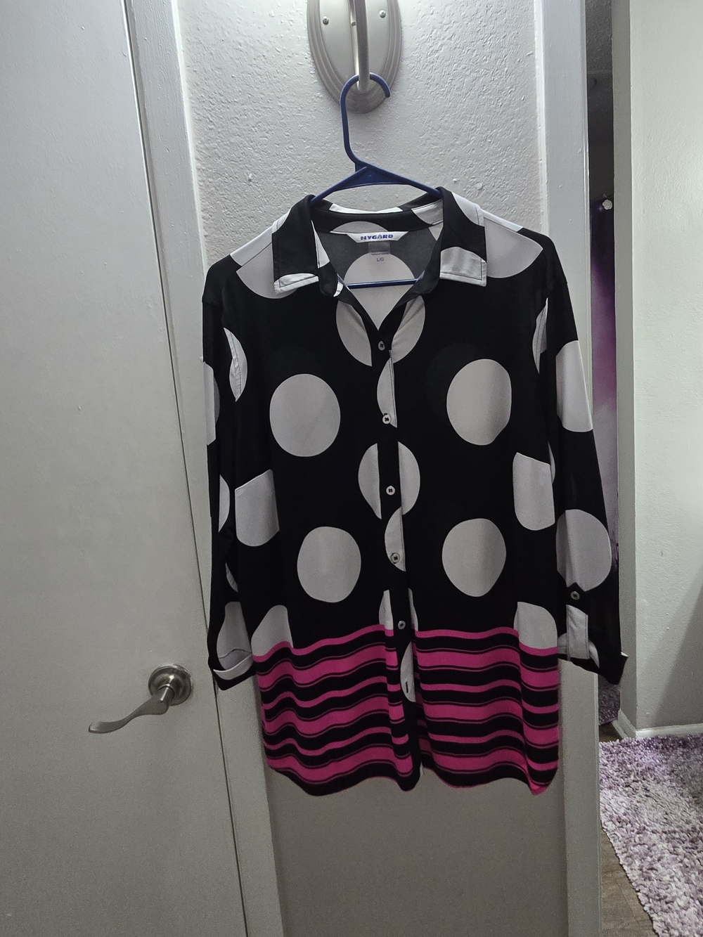 New York & Company Black White Polka Dot Button-Down with Pink Stripe Hem